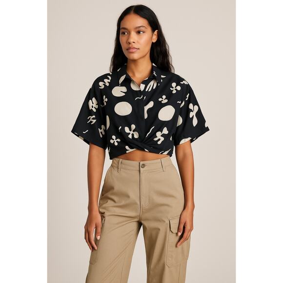 FRAME Tops - New Frame Cropped Silk Blend Twist Front Knot Top Black White Shirt Button XS